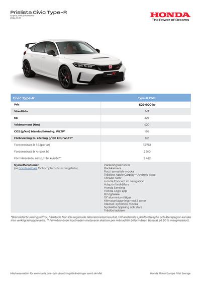 Erbjudanden av Bilar och Motor i Linköping | Honda Civic Type-R Prislista de Honda | 2024-02-09 - 2025-02-09