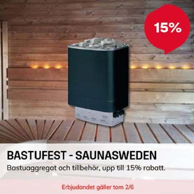Erbjudanden av Bygg och Trädgård i Insjön | Hasta 15% bastufest - saunasweden ! de Byggmax | 2024-05-08 - 2024-06-02