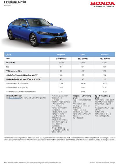 Erbjudanden av Bilar och Motor i Linköping | Honda Prislista Civic de Honda | 2024-07-19 - 2025-07-19