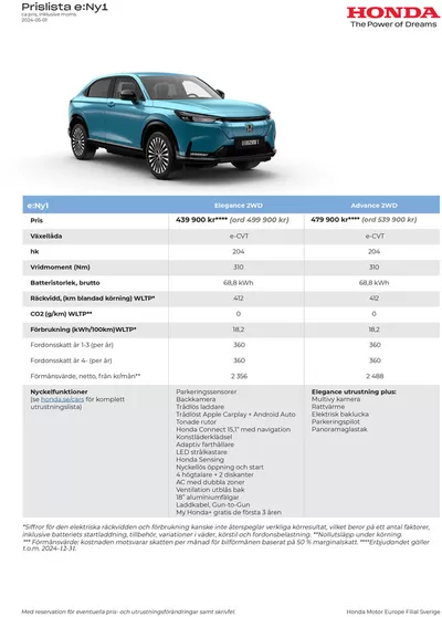 Erbjudanden av Bilar och Motor i Linköping | Honda Prislista e:Ny1 de Honda | 2024-10-05 - 2025-10-05