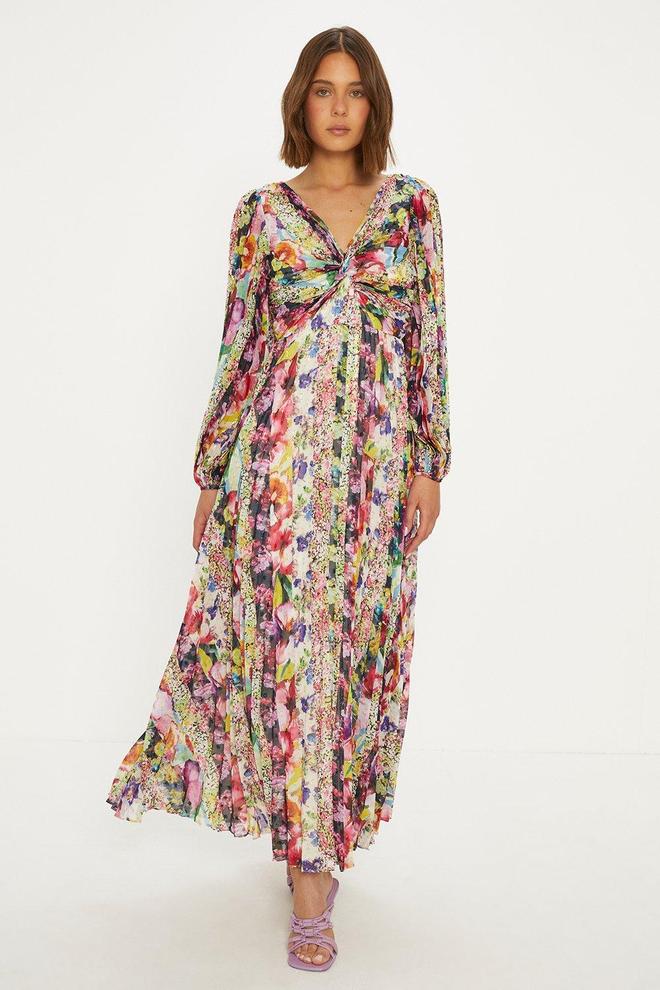 Stripe Floral Pleated Metallic Twist Midi Dress för 66,99 kr på Oasis